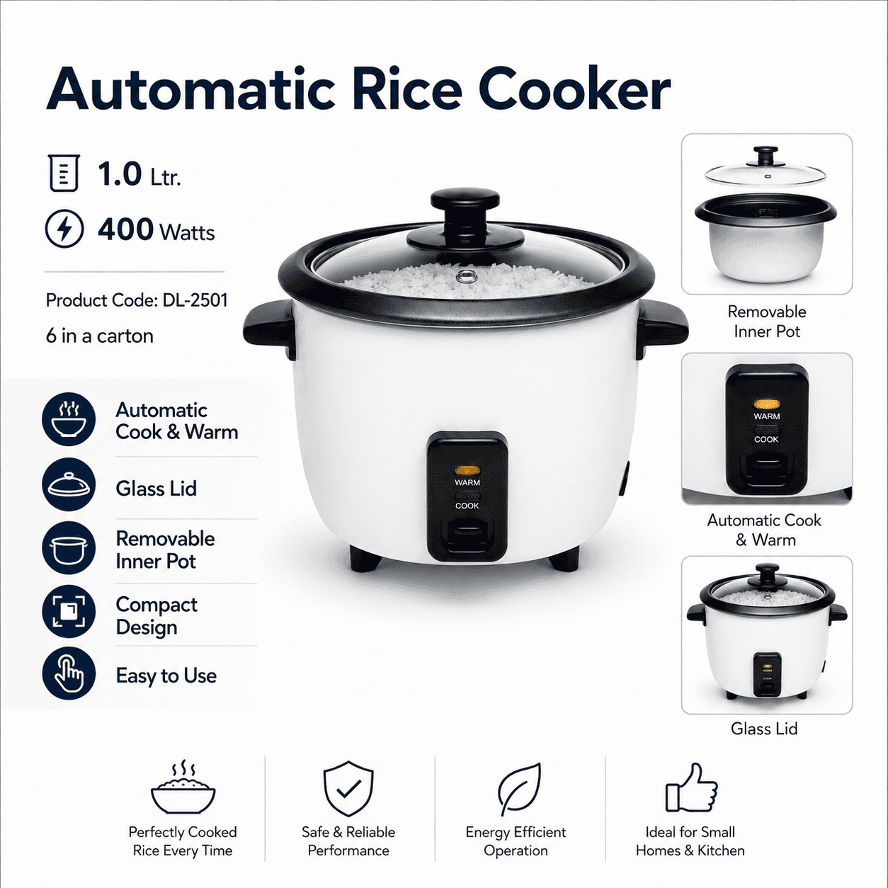 1 litre Automatic Rice Cooker with keep warm function
