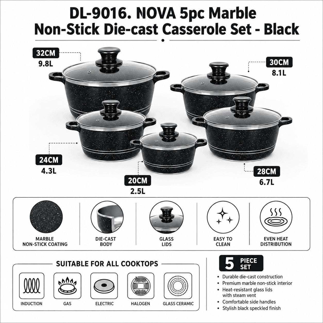 Nova 5pc Marble Diecast Stockpot Black (20cm-24cm-28cm-30cm-32cm)